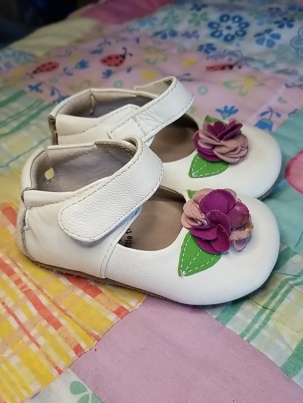 Livie & Luca White Leather Mary Jane Shoes with Purple & Pink Suede Flower 6-12
